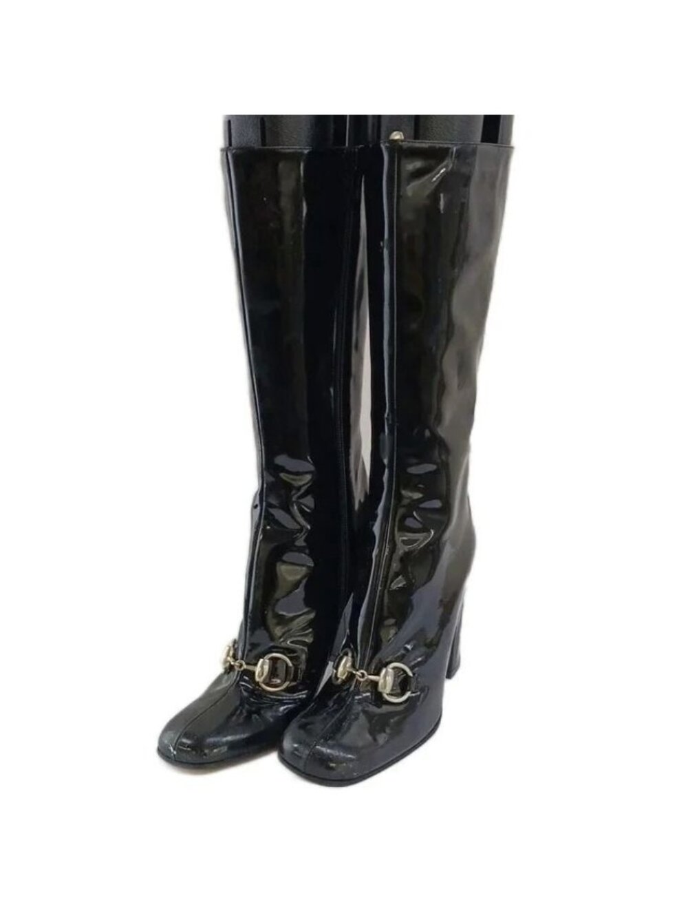 Gucci Long Boots Patent Square Toe High Heels Horsebit Silver Black 6.5